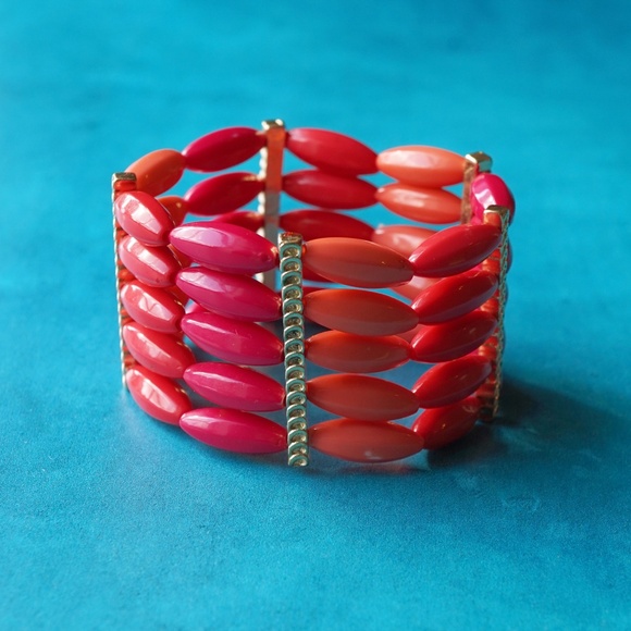1990s Pink & Coral Beaded Stretch Cuff Bracelet — Gold Tone Hardware, 2" Tall - Picture 1 of 3